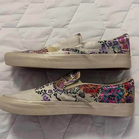 Vans Slip-On Floral Embroidered Sneakers - Cream with Pink, Purple, Teal, Gold - Picture 4 of 5